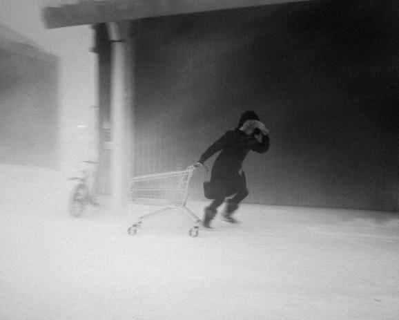 Dans le centre de Nuuk, une femme affronte le blizzard pour faire ses courses. Allégorie (sans nostalgie exotique) d’un temps révolu où le chasseur et son traîneau étaient au cœur de la survie du village.
